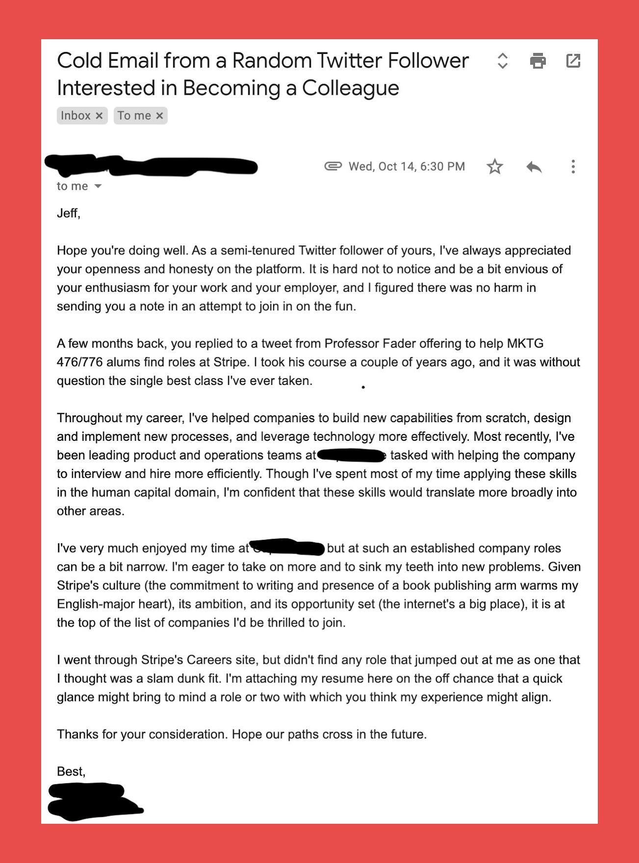 Cold Email for Potential Job Opportunity Example/Template