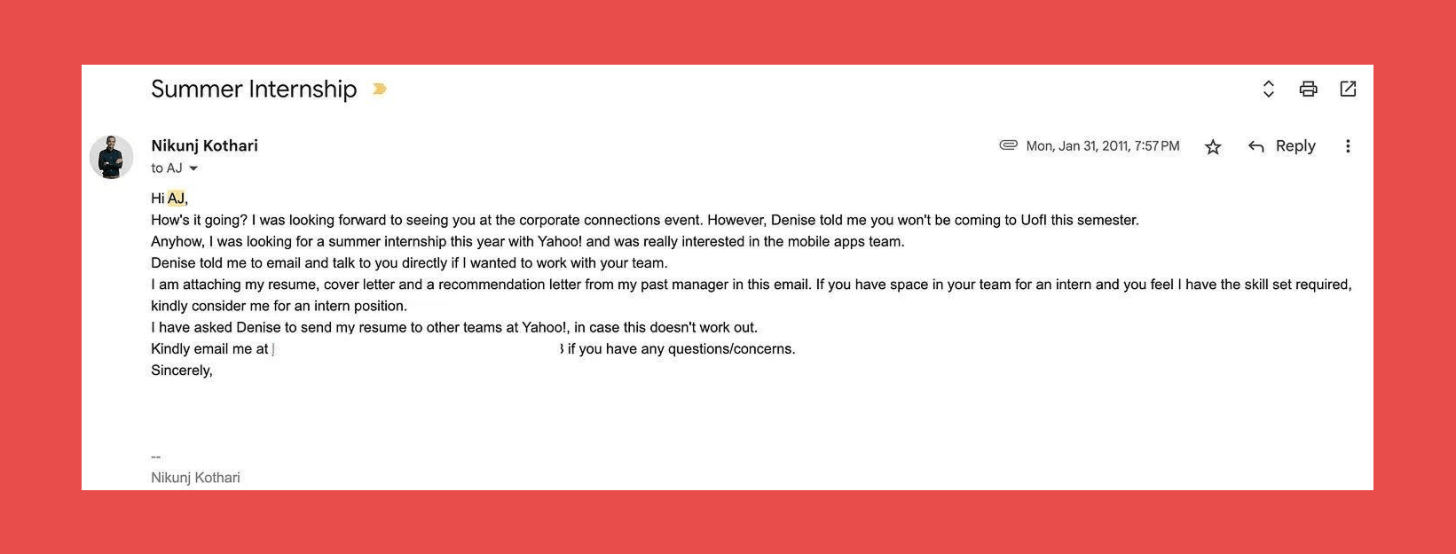 Cold Email for an Internship Example/Template