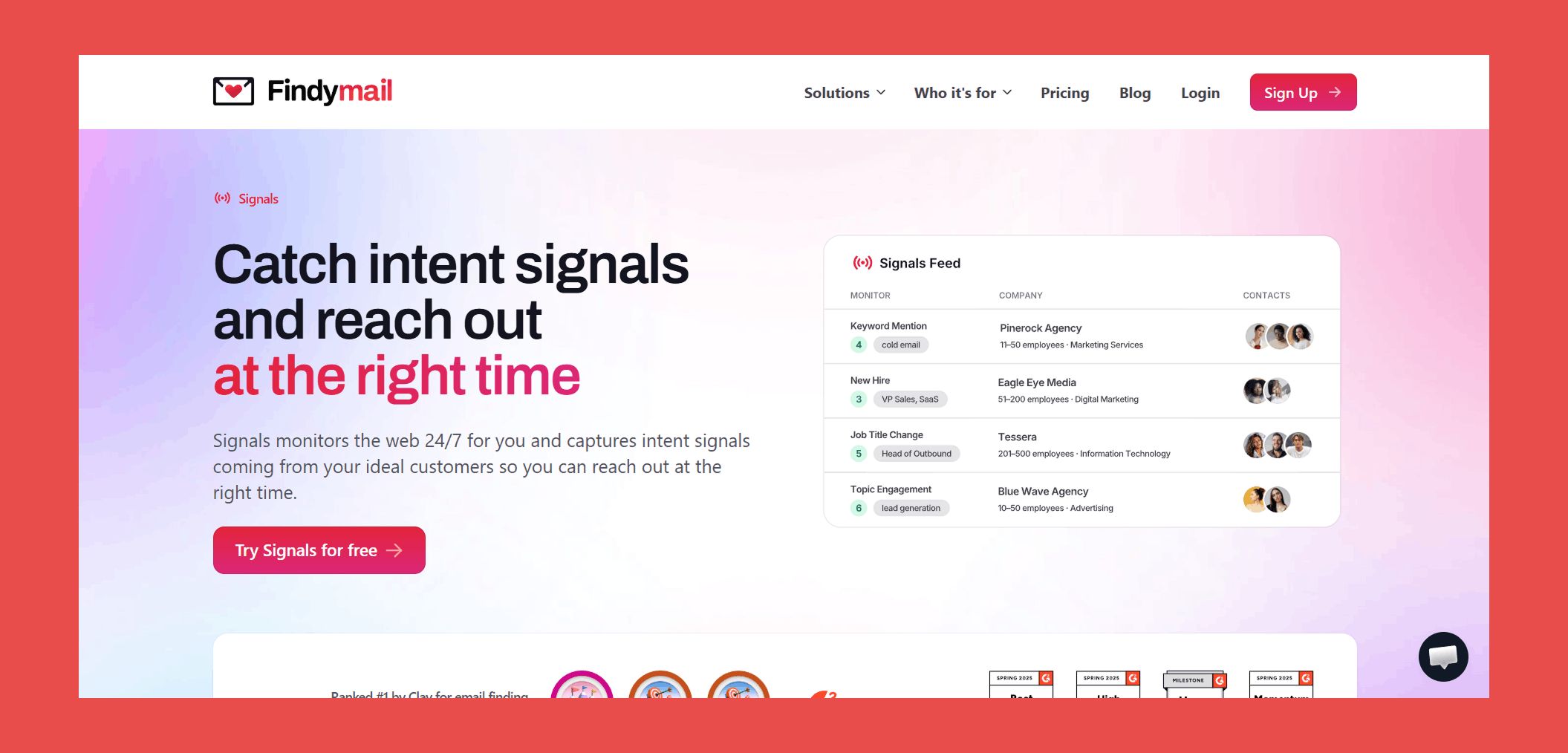 Findymail Signals → Best for: Signal monitoring + verified contact data in one workflow